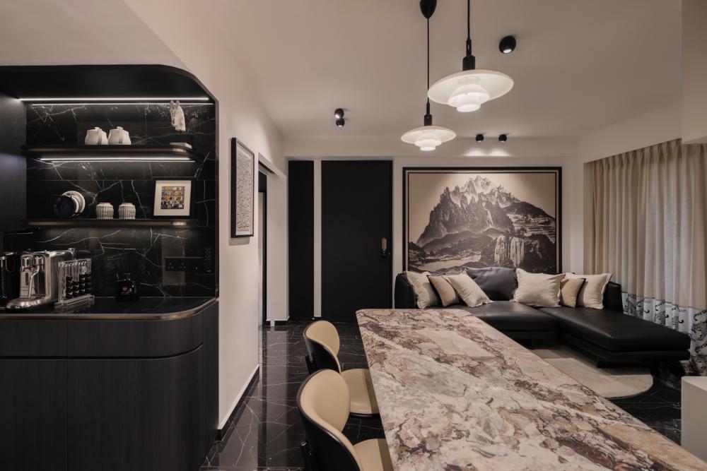 Asian Dining Room with Marble Floor and Artwork