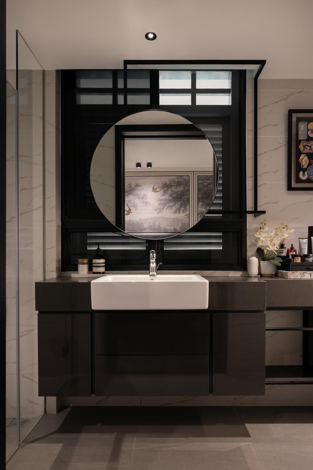 Asian Bathroom with Mirror and Bathroom Storage