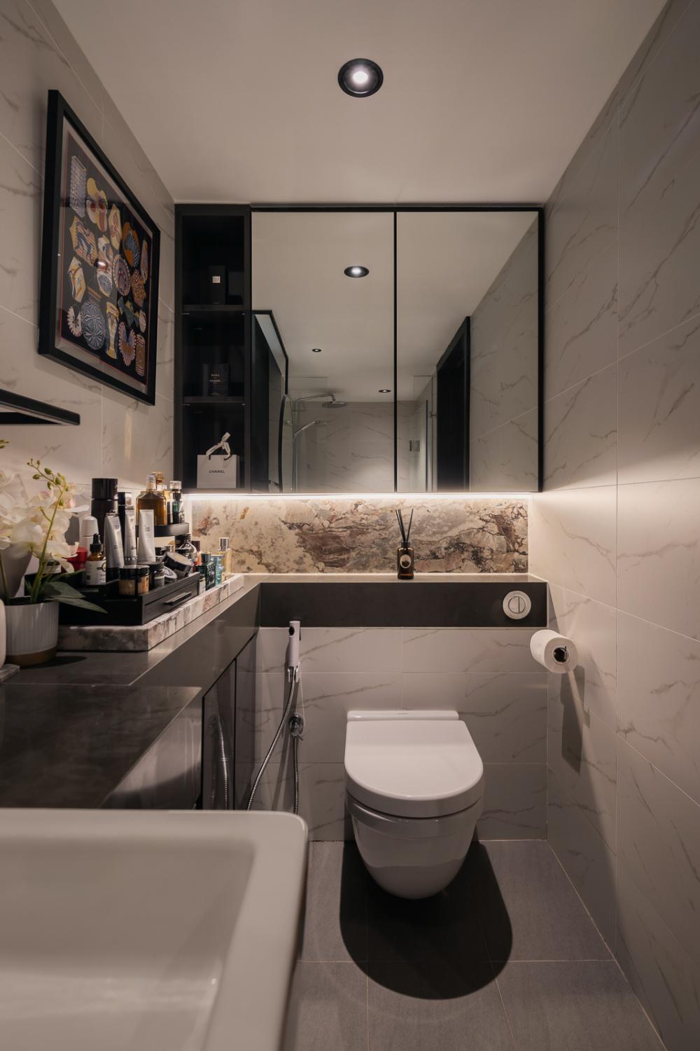Asian Bathroom with Homogeneous Tiles and Mirror