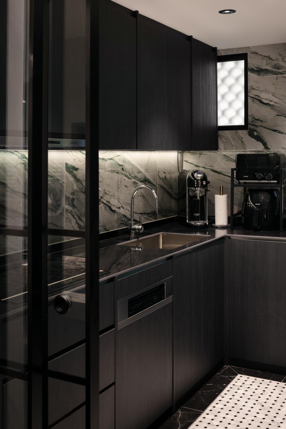 Asian Kitchen with Mosaic and Cupboard