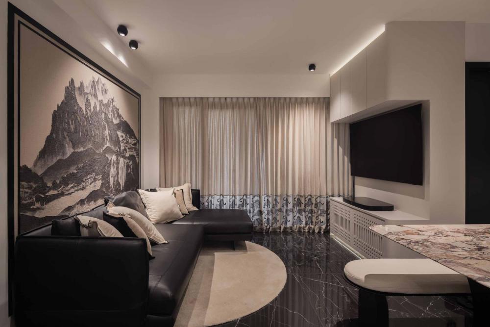 Asian Living Room with Marble Floor and TV Console