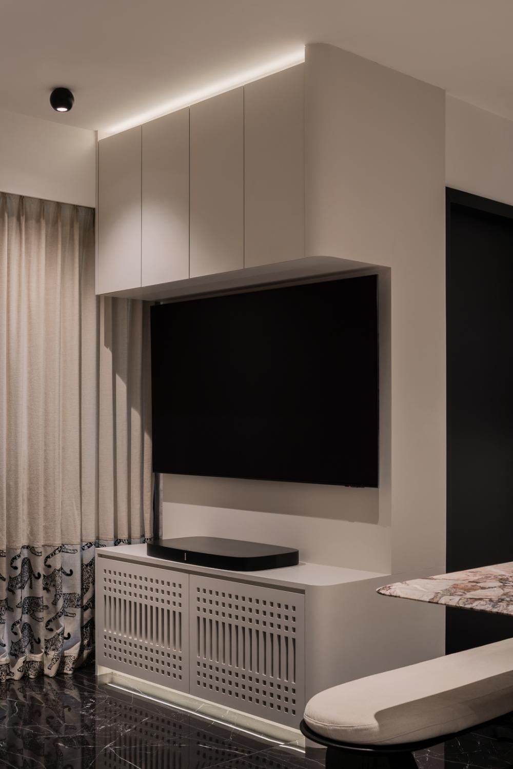 Asian Living Room with Marble Floor and TV Console