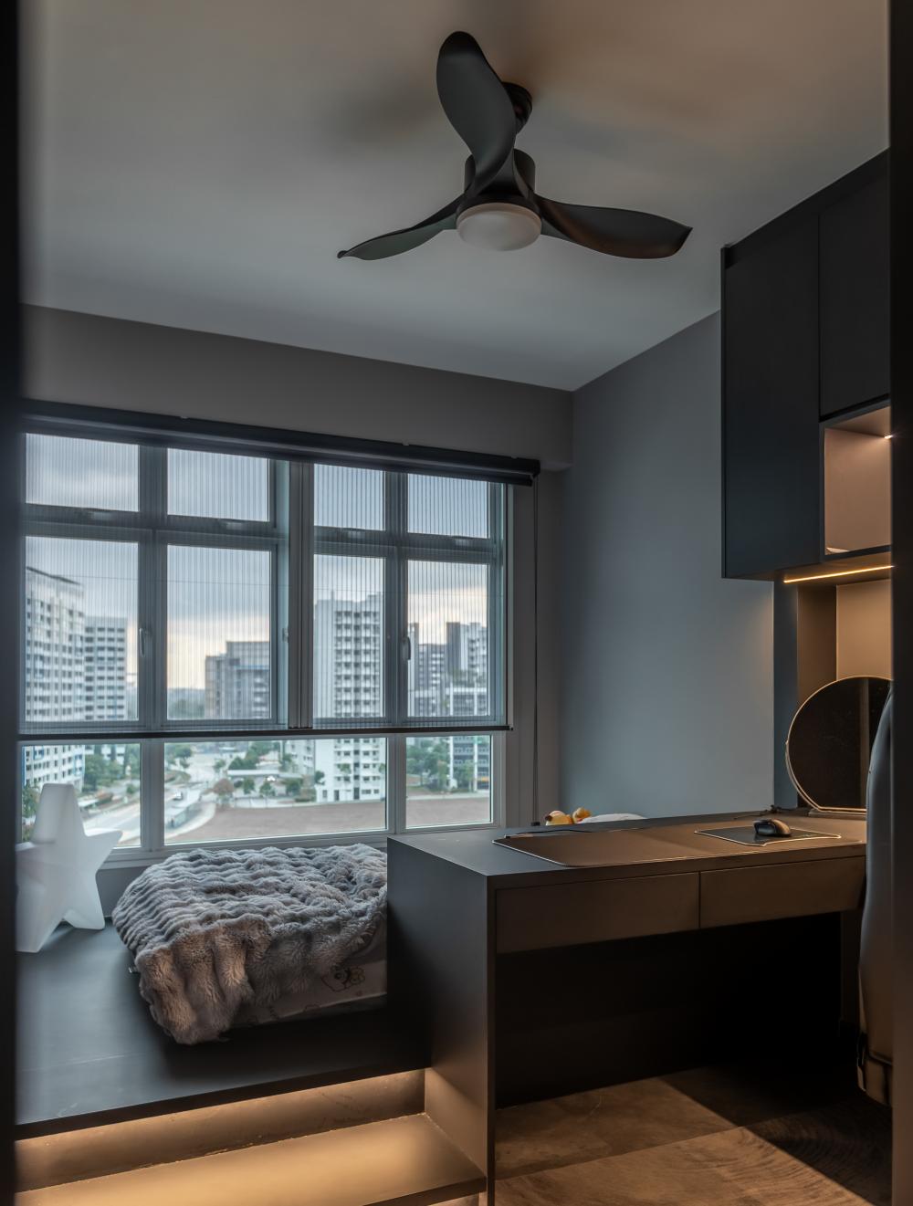 Modern Bedroom with Bookshelf and Platform Bed