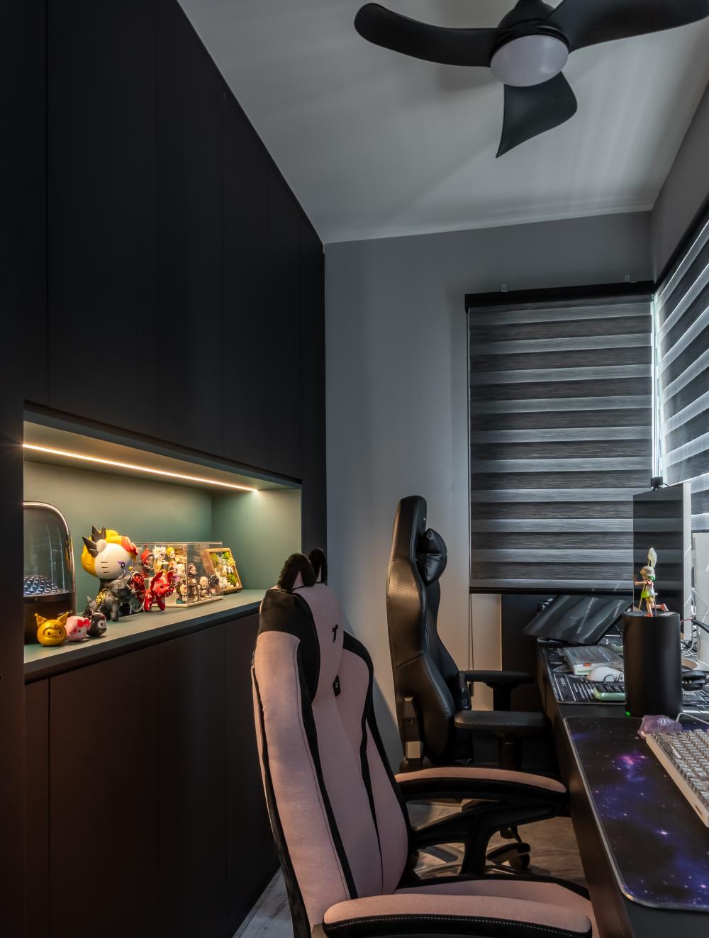 Modern Gaming Room with Roller Blinds and Paintings