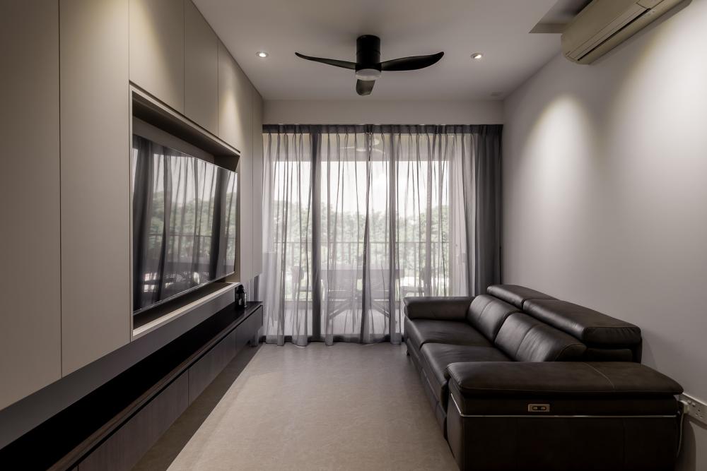 Modern Living Room with Homogeneous Tiles and TV Console