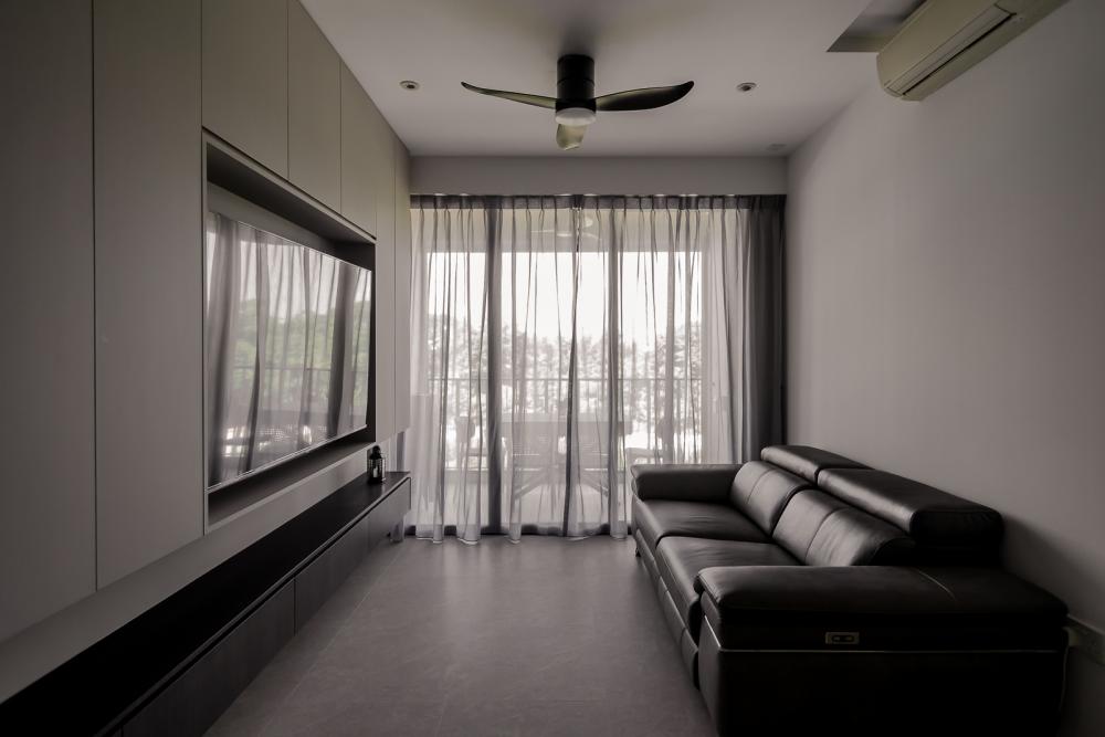 Modern Living Room with Homogeneous Tiles and TV Console