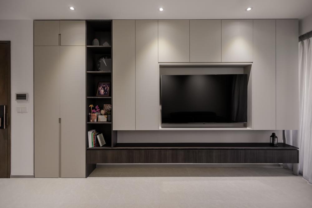 Modern Living Room with Homogeneous Tiles and TV Console