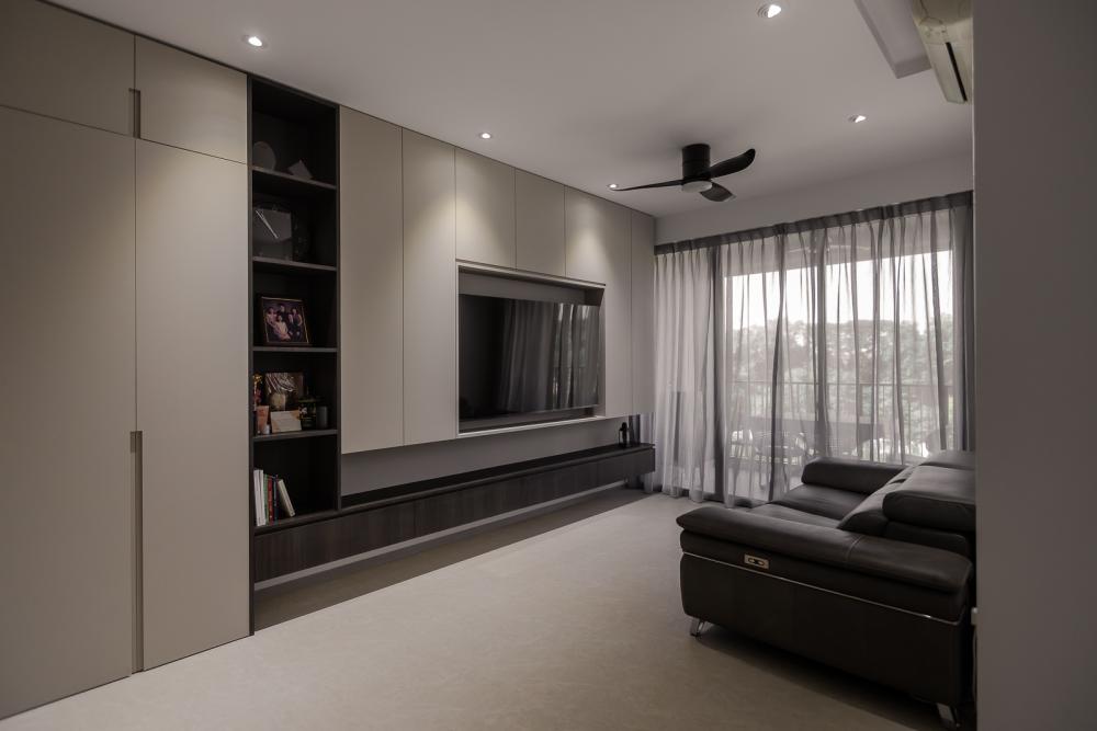 Modern Living Room with Homogeneous Tiles and Feature Wall