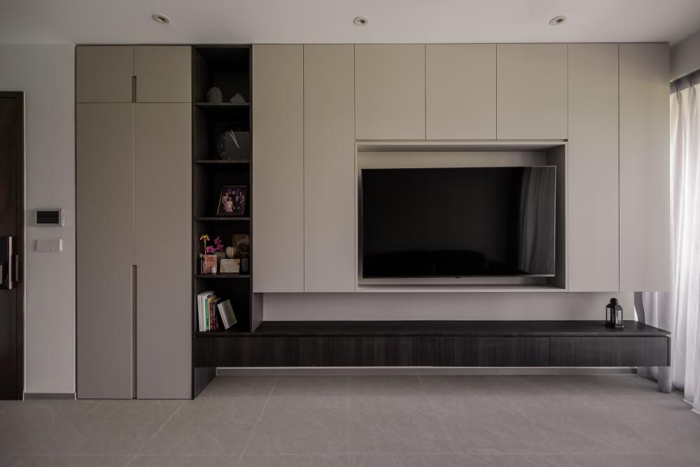 Modern Living Room with Homogeneous Tiles and TV Console