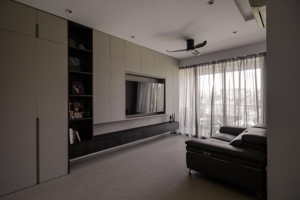 Modern Living Room with Homogeneous Tiles and TV Console