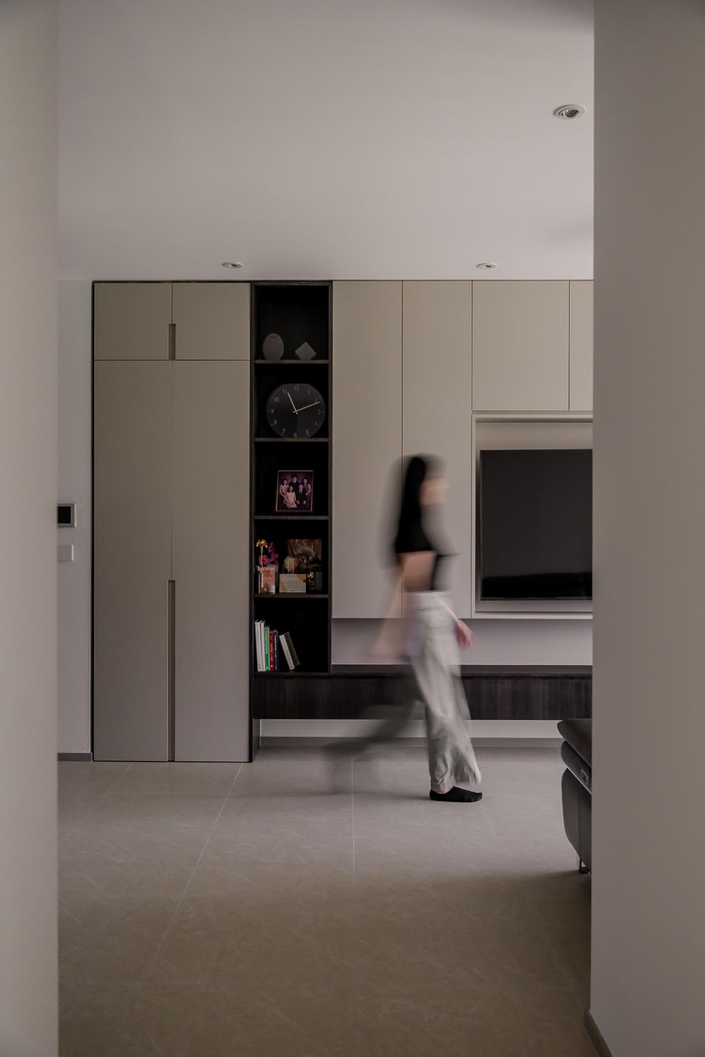 Modern Living Room with Bookshelf and Vinyl Flooring
