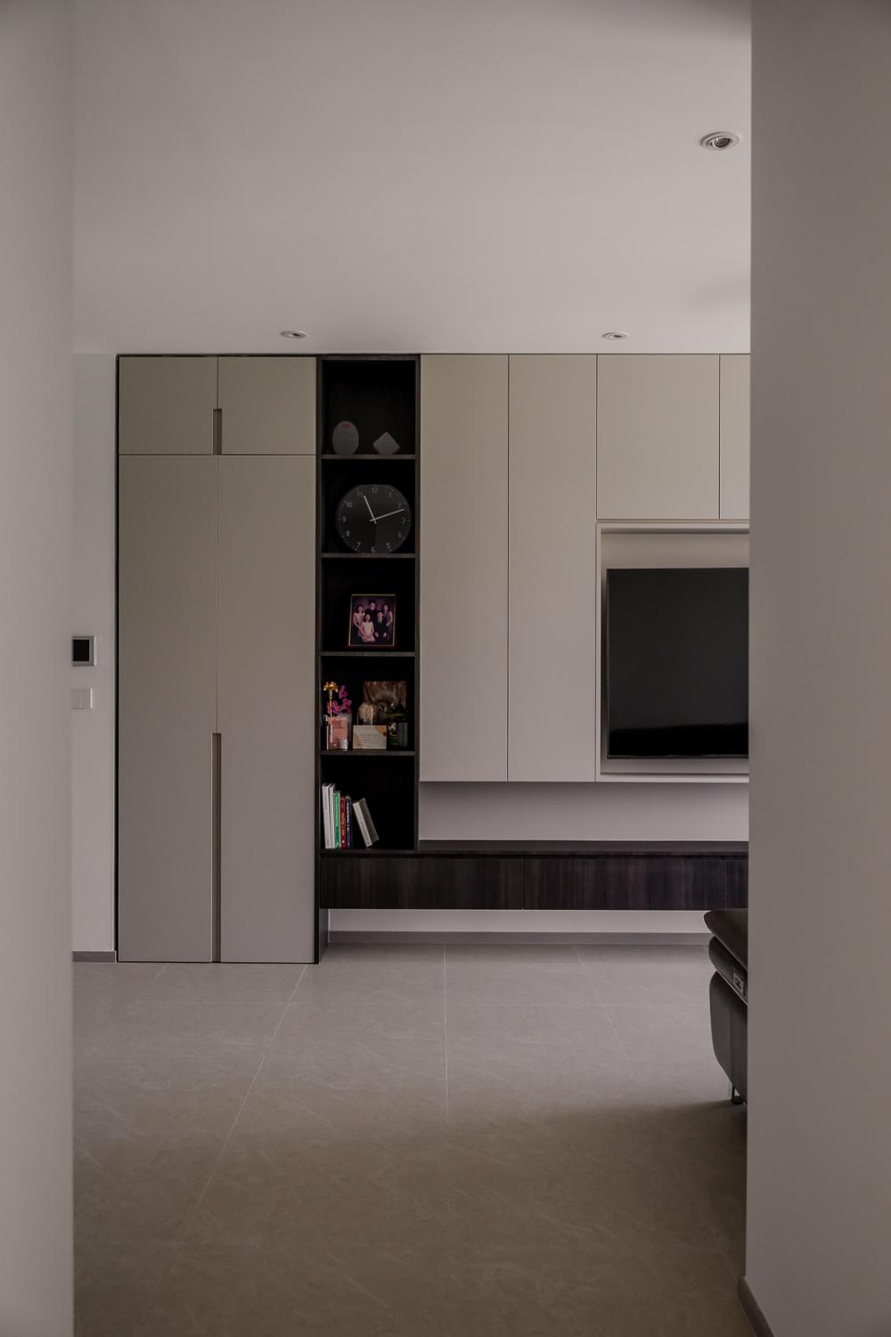 Modern Living Room with Bookshelf and Vinyl Flooring