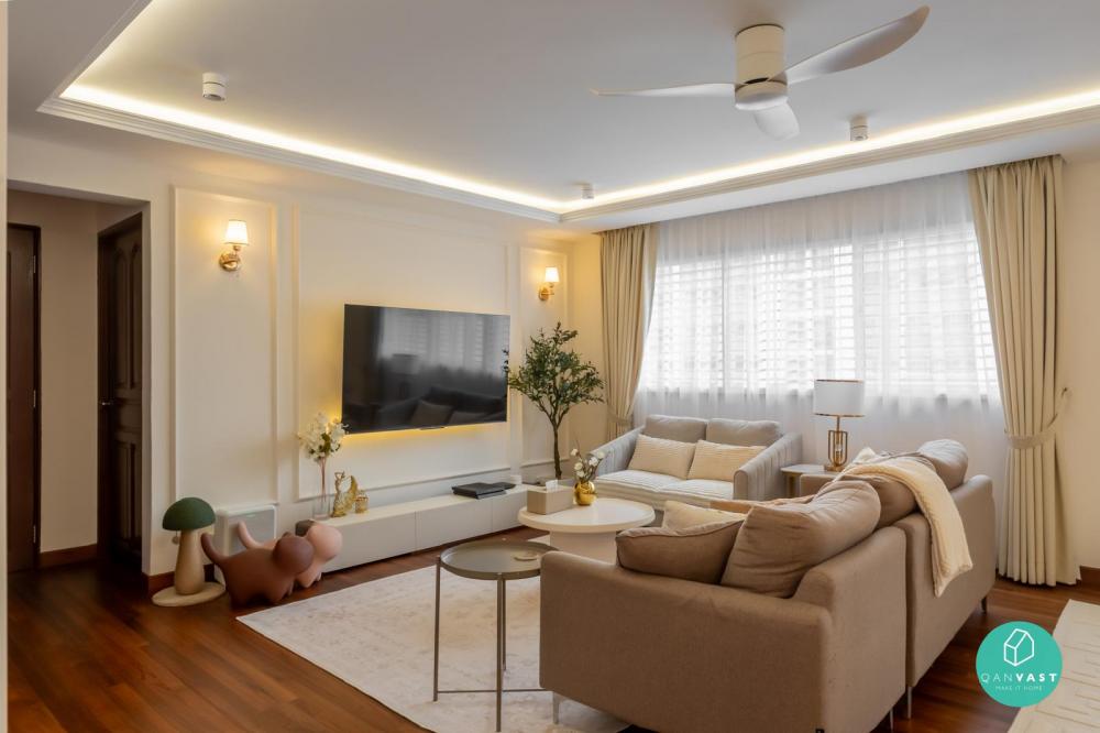 Vintage Living Room with Parquet Floor and TV Console