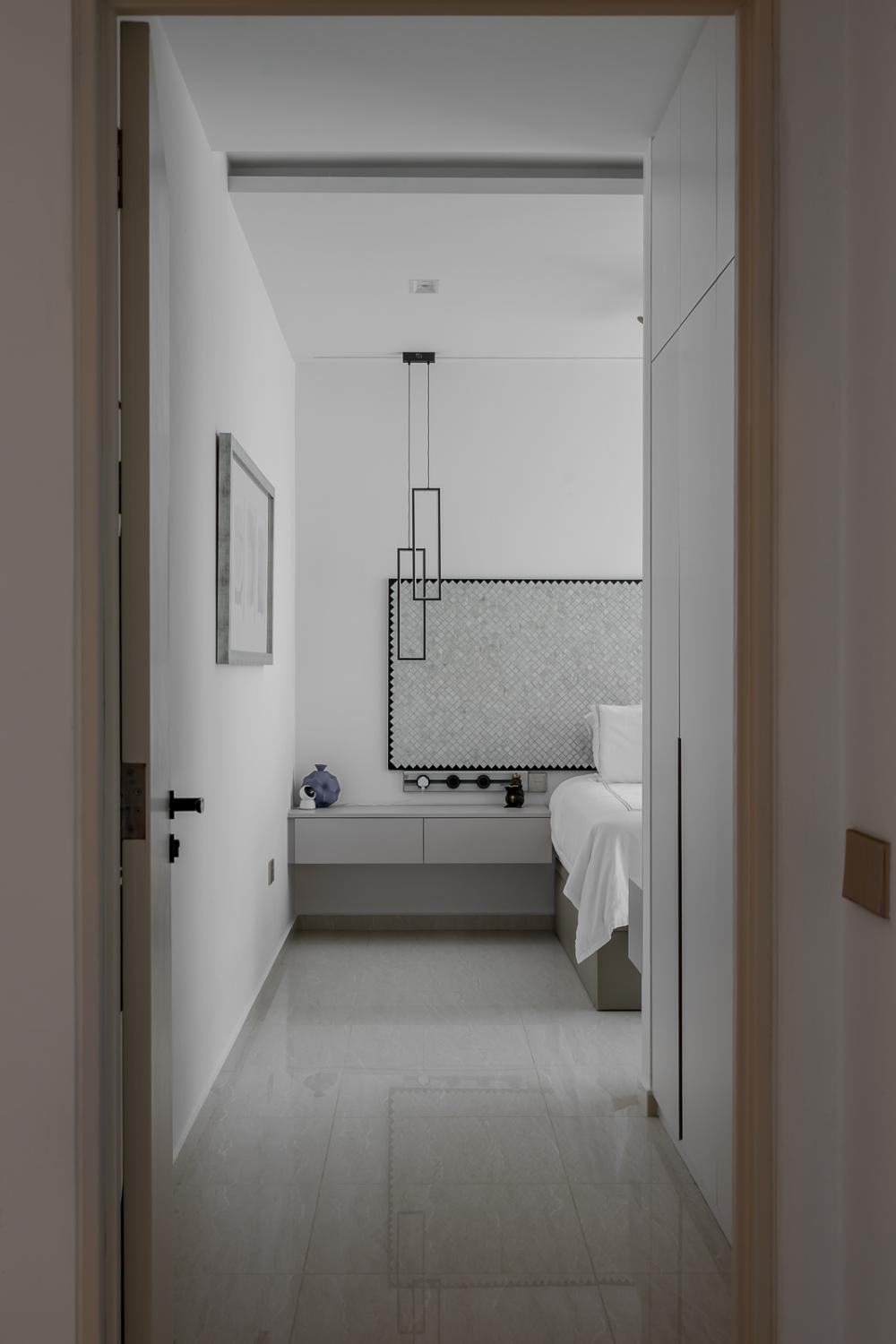 Modern Bedroom with Homogeneous Tiles and Cove Lighting