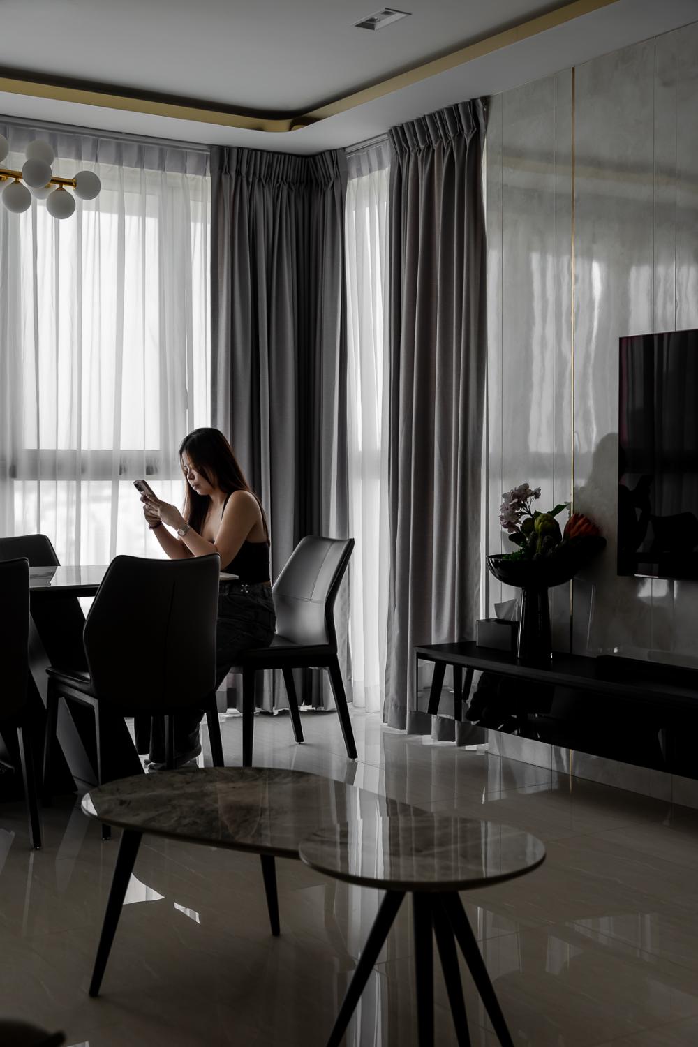 Modern Living Room with Homogeneous Tiles and TV Console