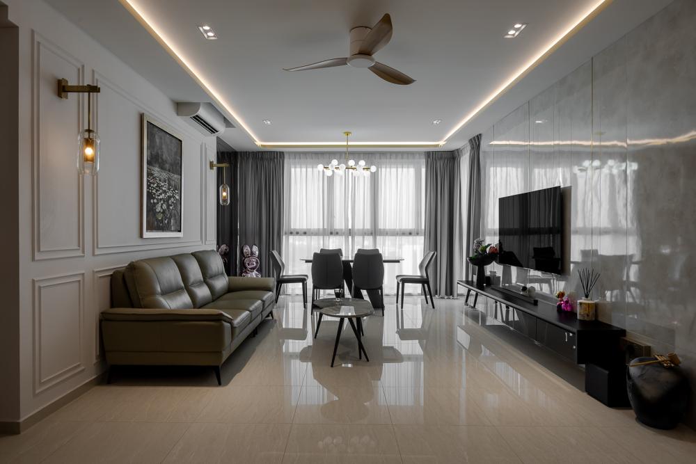 Modern Living Room with Homogeneous Tiles and TV Console
