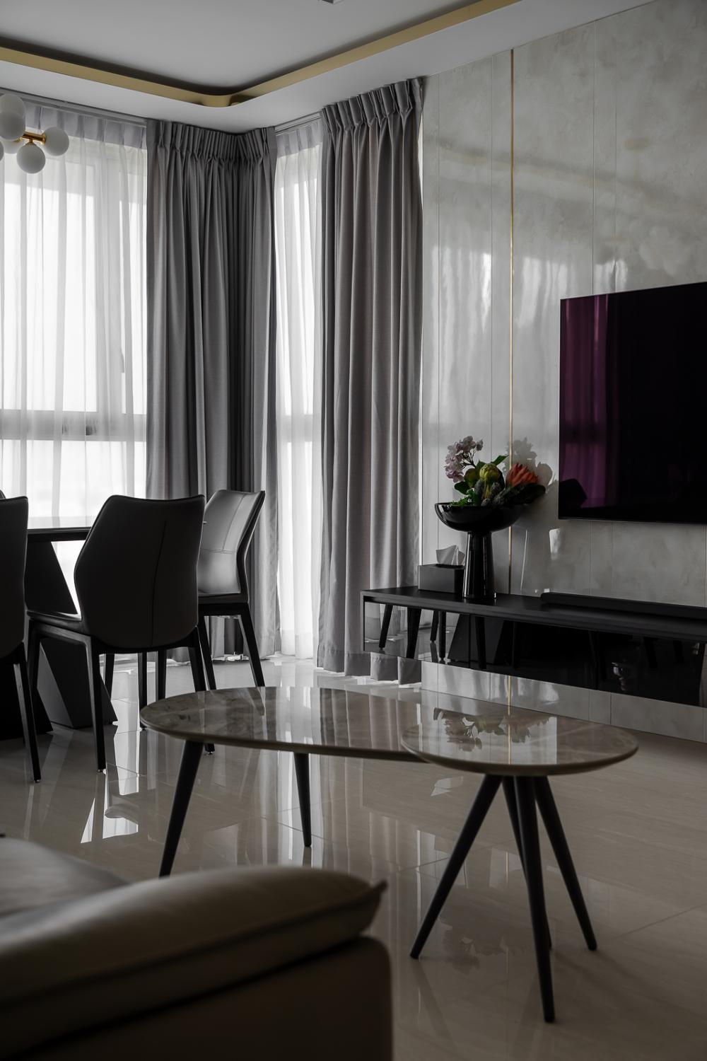 Modern Living Room with Homogeneous Tiles and Feature Wall