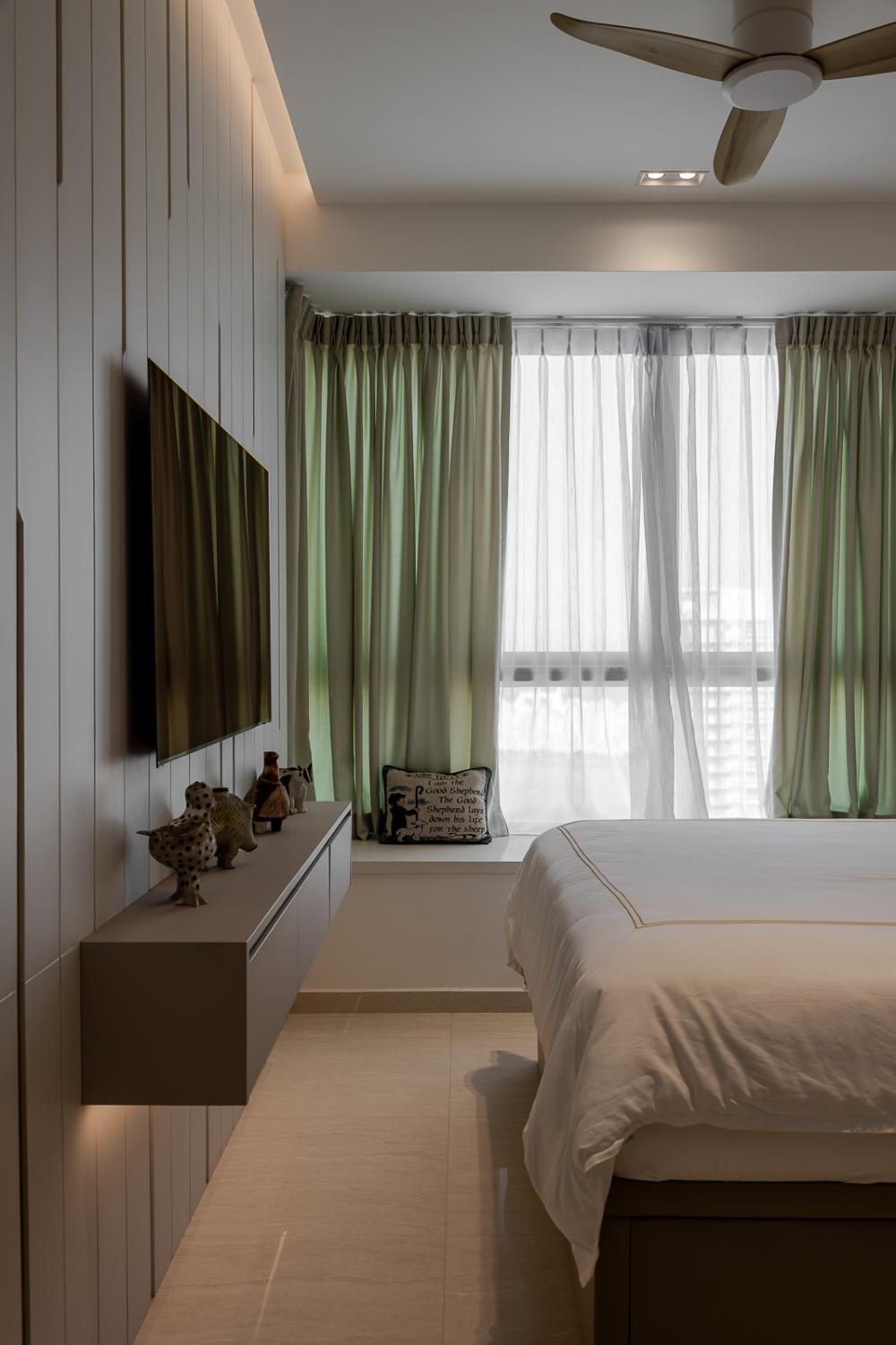 Modern Bedroom with Homogeneous Tiles and Bay Window