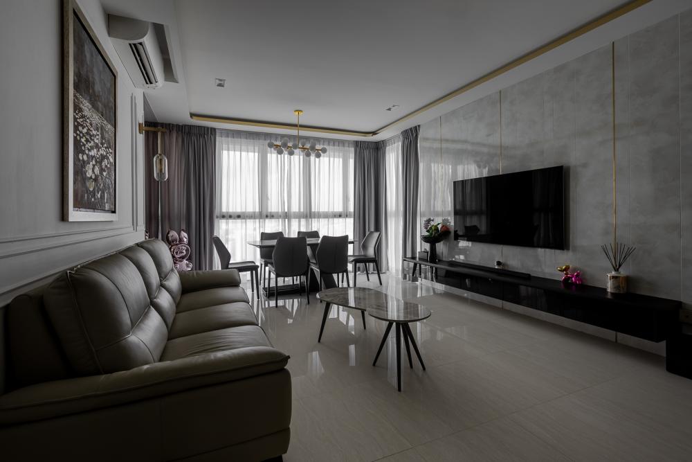 Modern Living Room with Homogeneous Tiles and Feature Wall