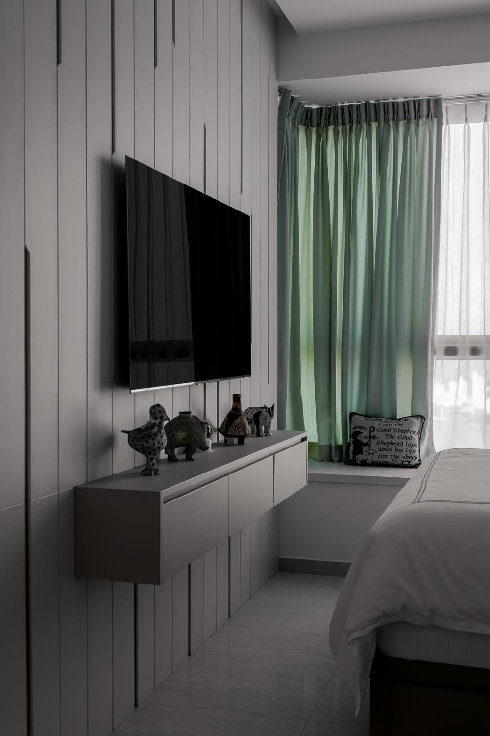 Modern Bedroom with Homogeneous Tiles and Feature Wall