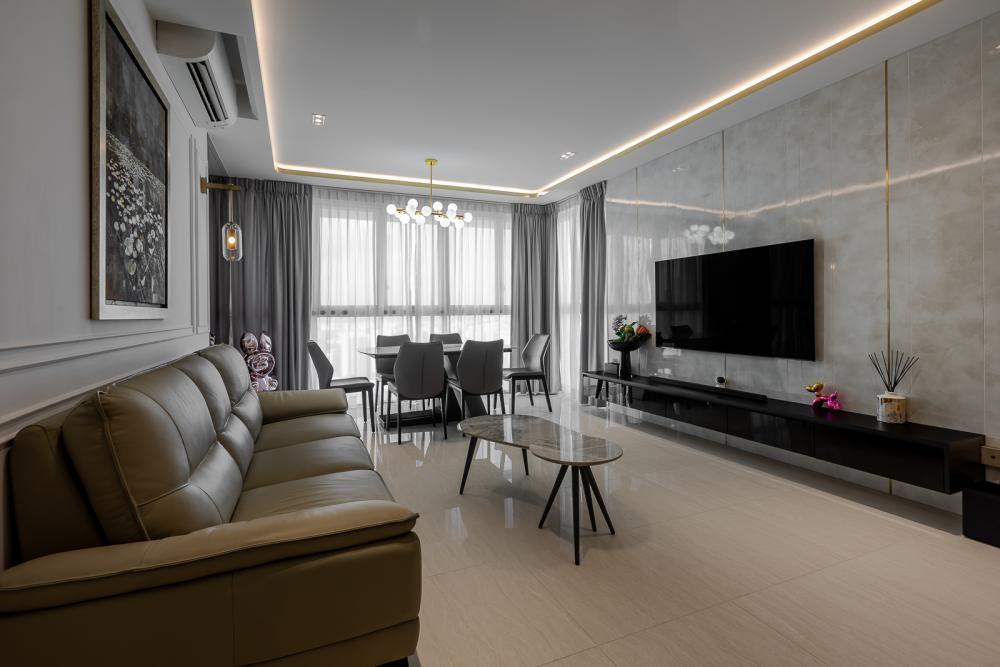 Modern Living Room with Homogeneous Tiles and TV Console
