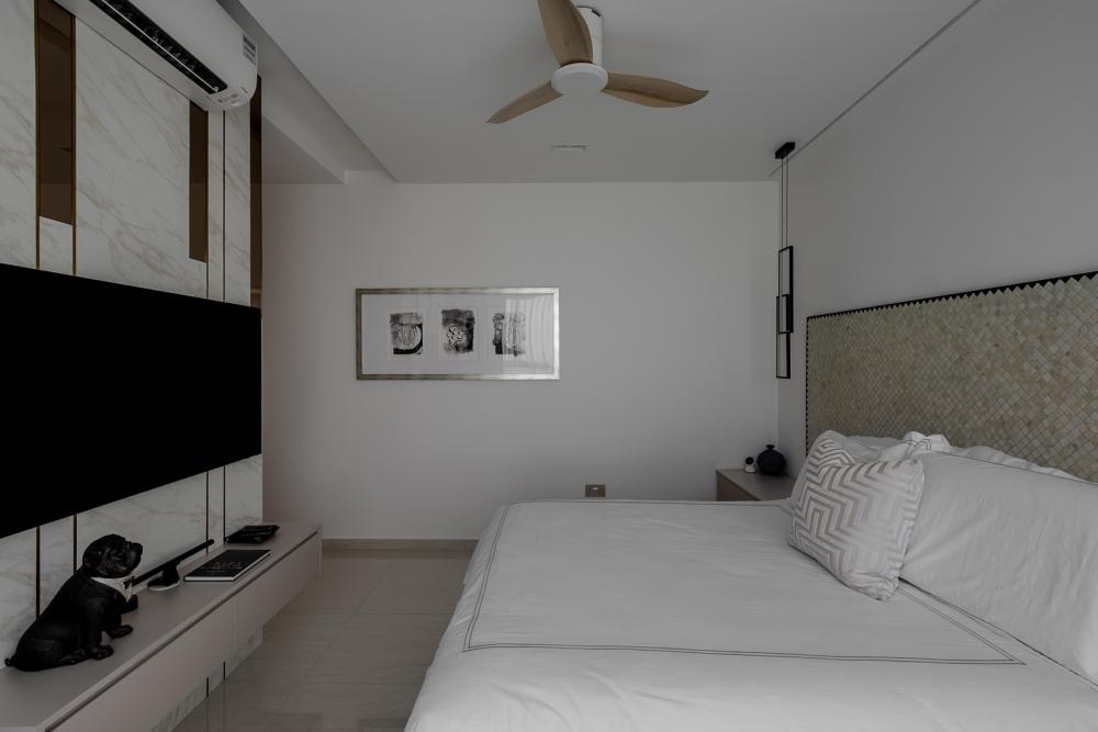 Modern Bedroom with Homogeneous Tiles and Cove Lighting