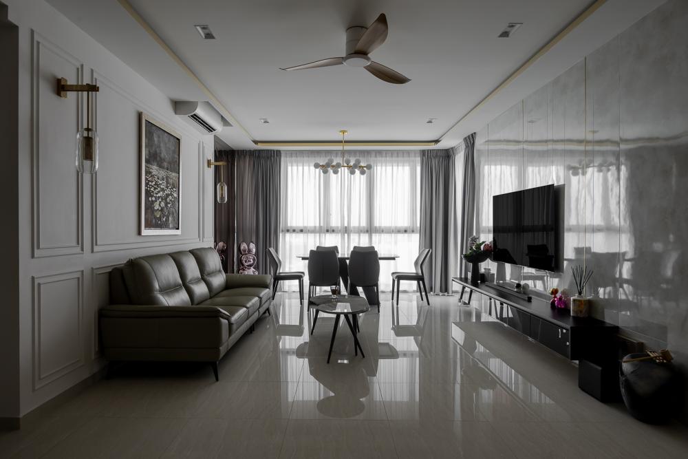Modern Living Room with Homogeneous Tiles and Feature Wall
