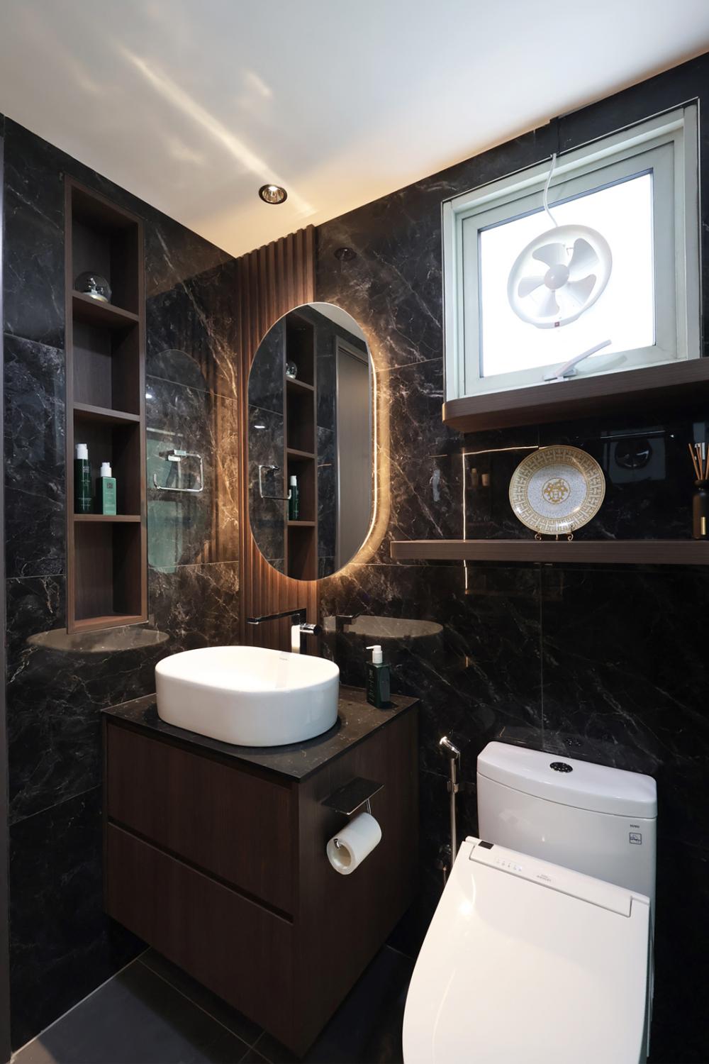 Modern Bathroom with Bathroom Storage and Showers