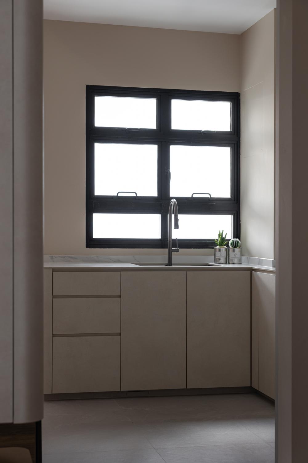Scandinavian Kitchen with Countertop and Homogeneous Tiles