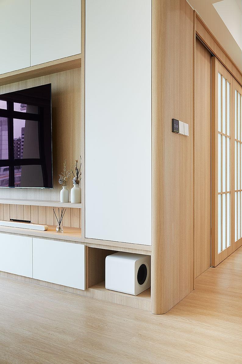 Scandinavian Living Room with Vinyl Flooring and TV Console