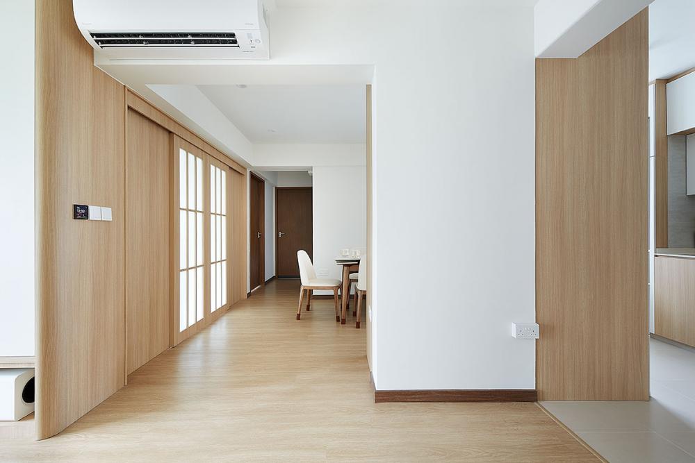 Scandinavian Hallway with Vinyl Flooring and Dining Table