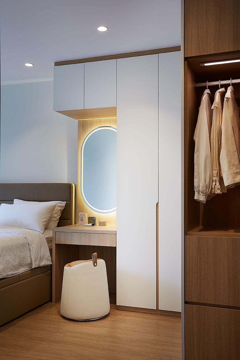 Scandinavian Bedroom with Vinyl Flooring and Mirror