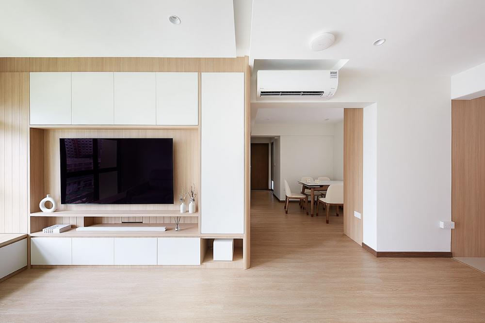 Scandinavian Living Room with Vinyl Flooring and TV Console