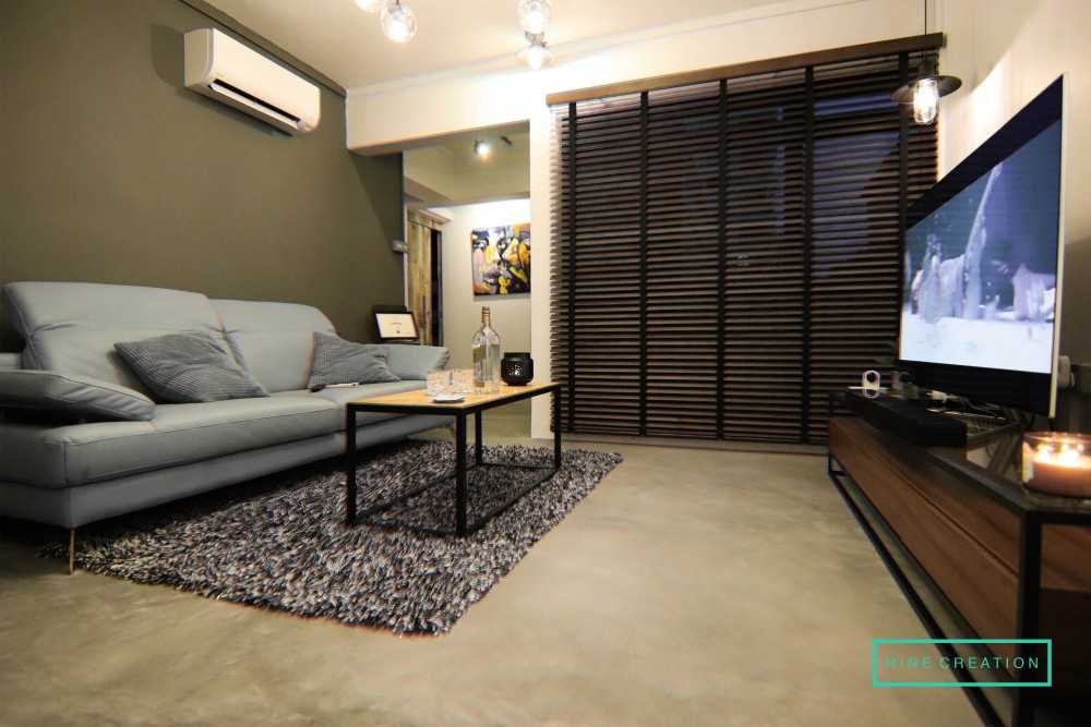 Industrial Living Room with Cement Floor and TV Console
