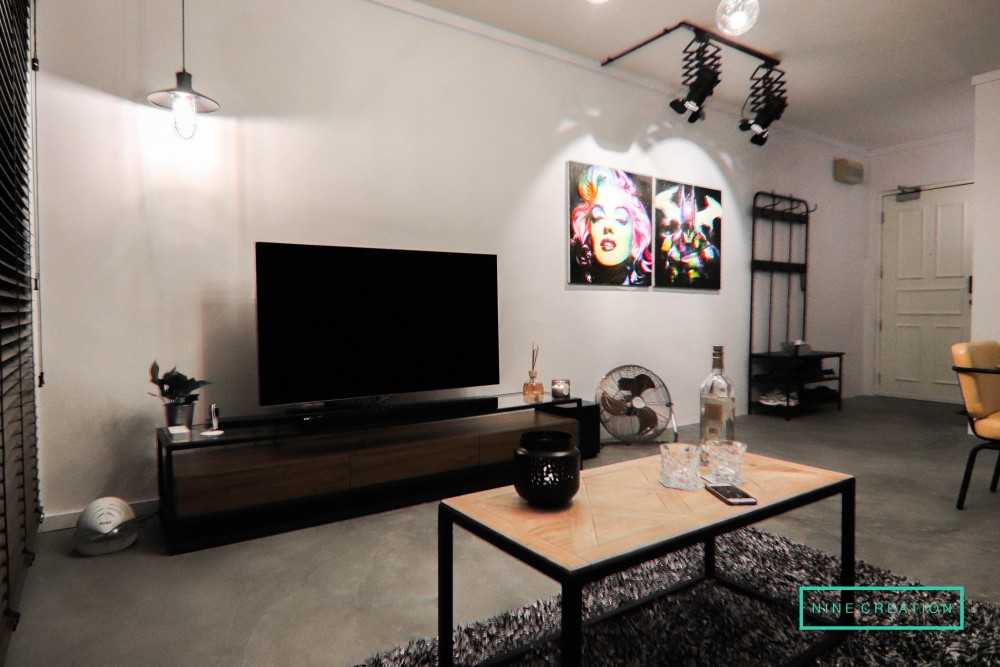 Industrial Living Room with Cement Floor and TV Console