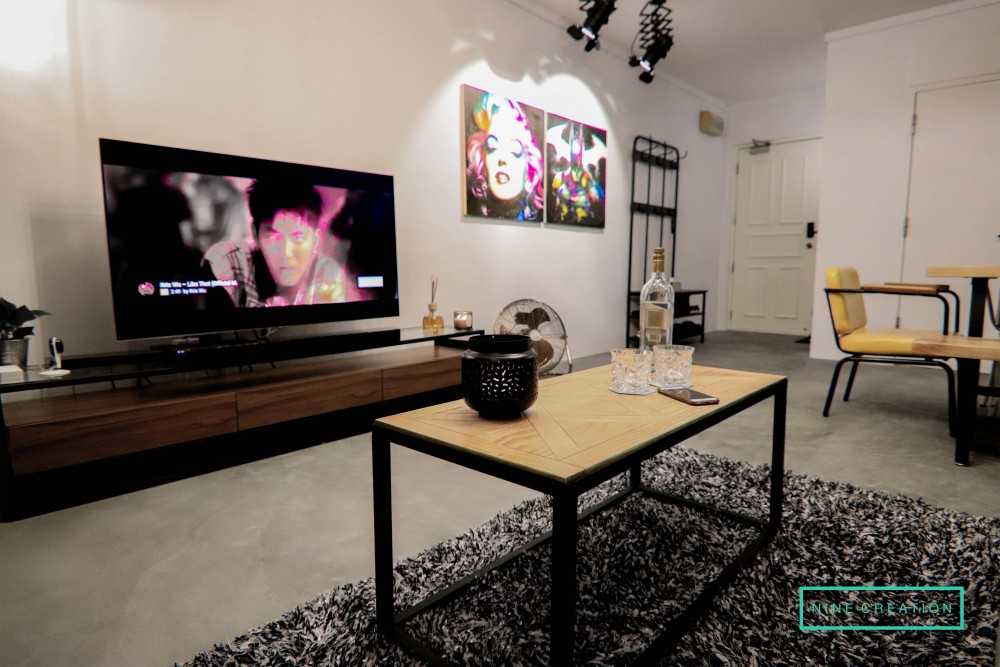 Industrial Living Room with Cement Floor and TV Console