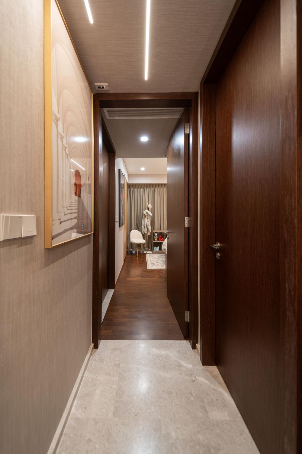 Modern Hallway with Paintings and Lighting