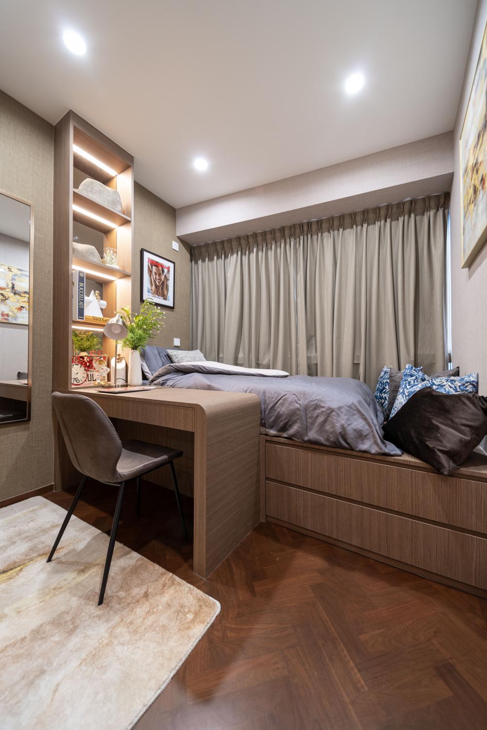 Modern Bedroom with Parquet Floor and Built-in Bed