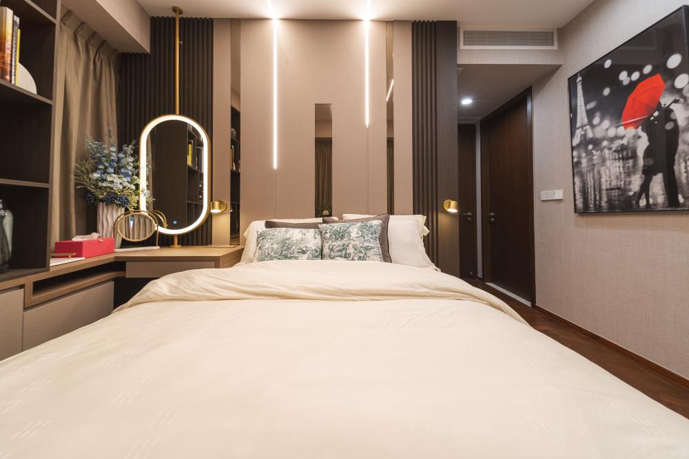 Modern Bedroom with Paintings and Bed