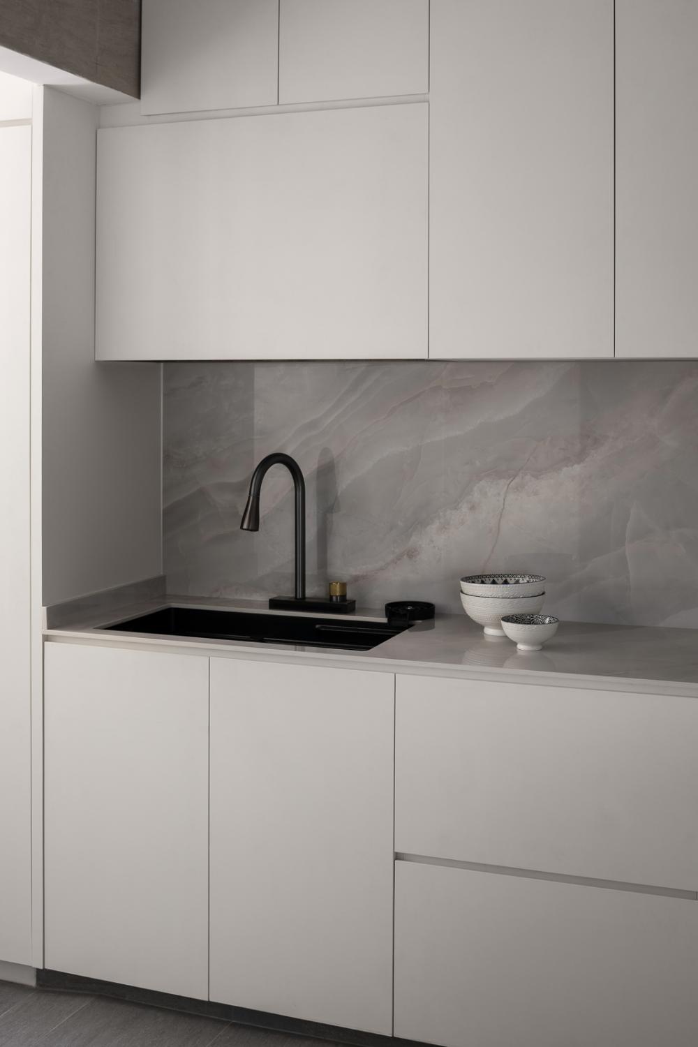 Minimalist Kitchen with Countertop and Homogeneous Tiles