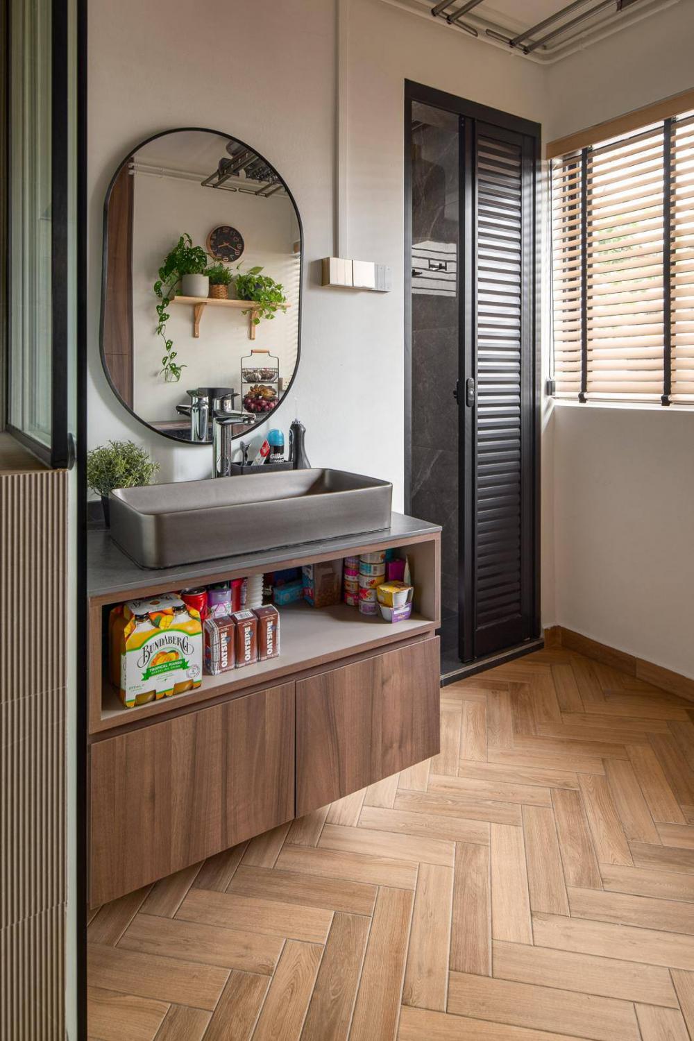 Contemporary Pantry with Wood Flooring and Mirror