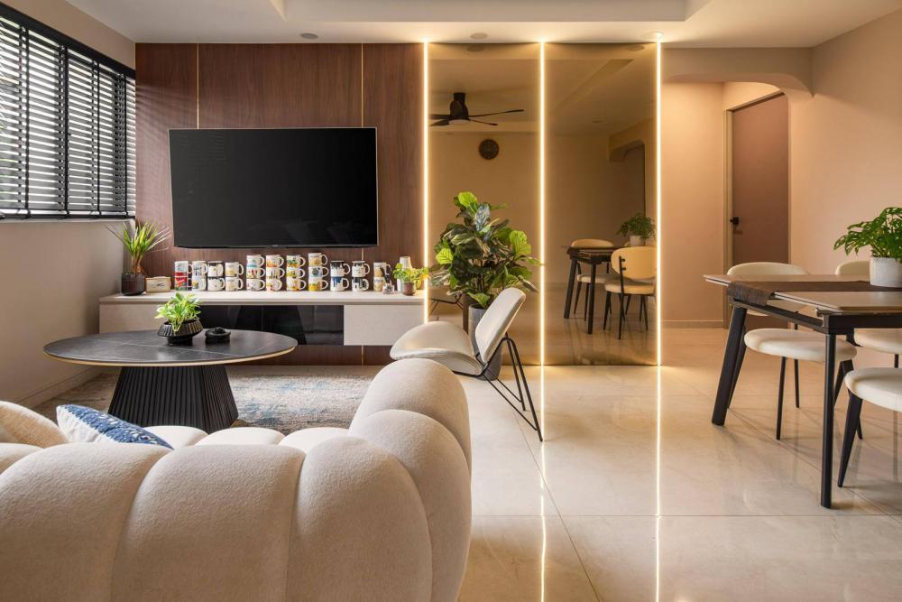 Contemporary Living Room with TV Console and Feature Wall
