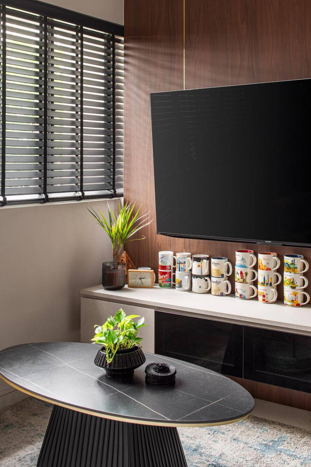 Contemporary Living Room with TV Console and Feature Wall