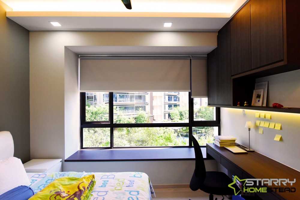 Modern Bedroom with Bay Window and Bedside Table