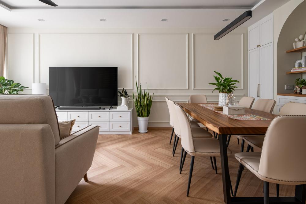 Vintage Living Room with Feature Wall and Dining Table