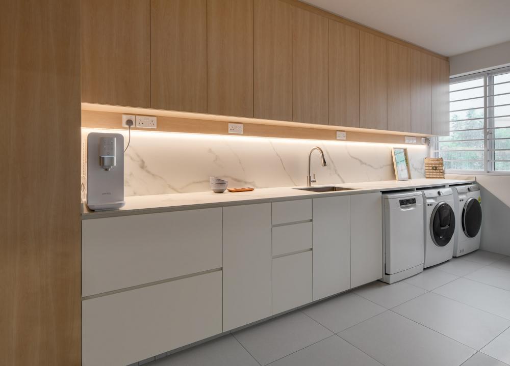 Scandinavian Kitchen with Washing Machine and Kitchen Accessories