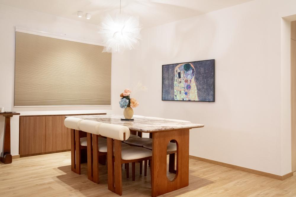 Scandinavian Dining Room with Drop Light and Dining Table