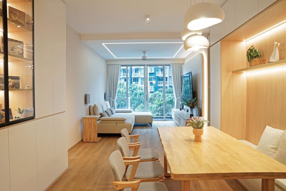 Scandinavian Living Room with Wood Flooring and TV Console