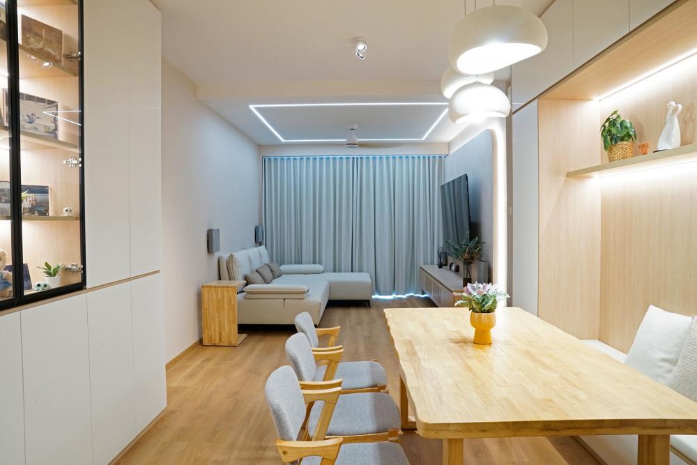 Scandinavian Living Room with Wood Flooring and TV Console