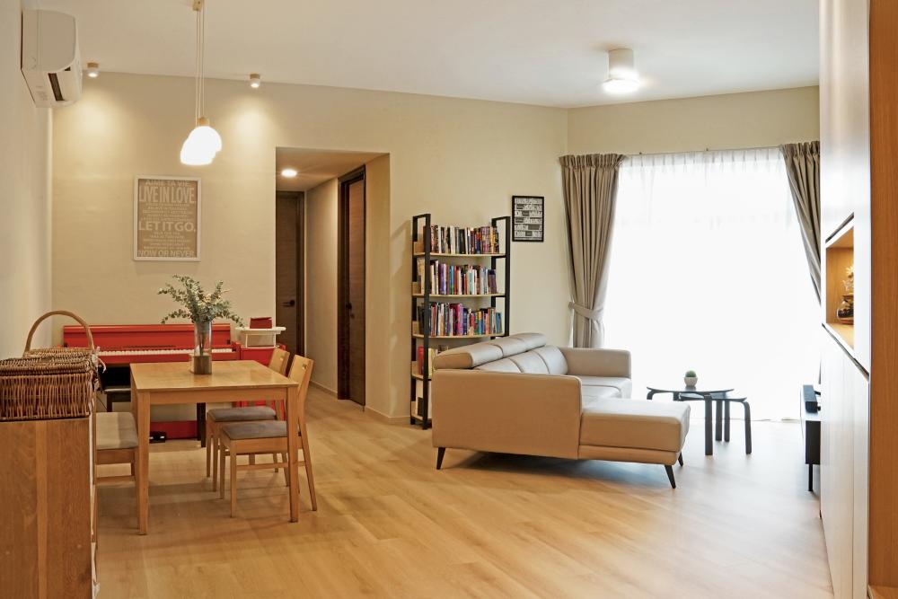Scandinavian Living Room with Bookshelf and Vinyl Flooring